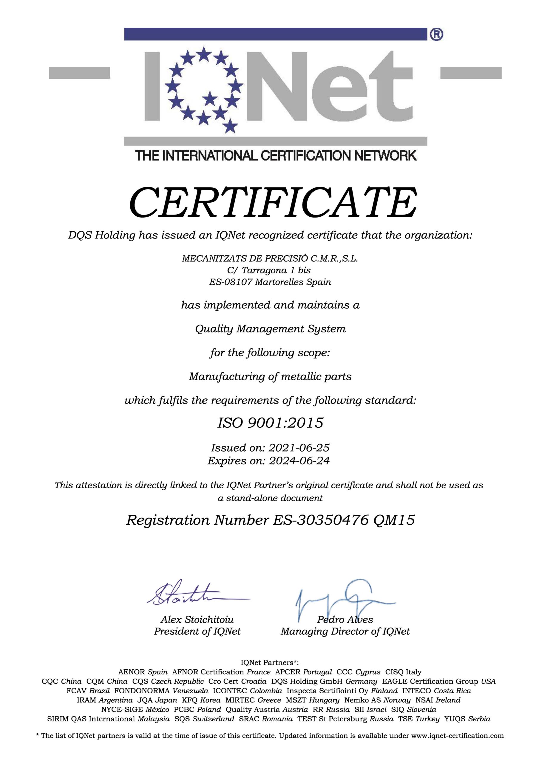 Certificado IQNET CMR 1 | Mecanizados C.M.R