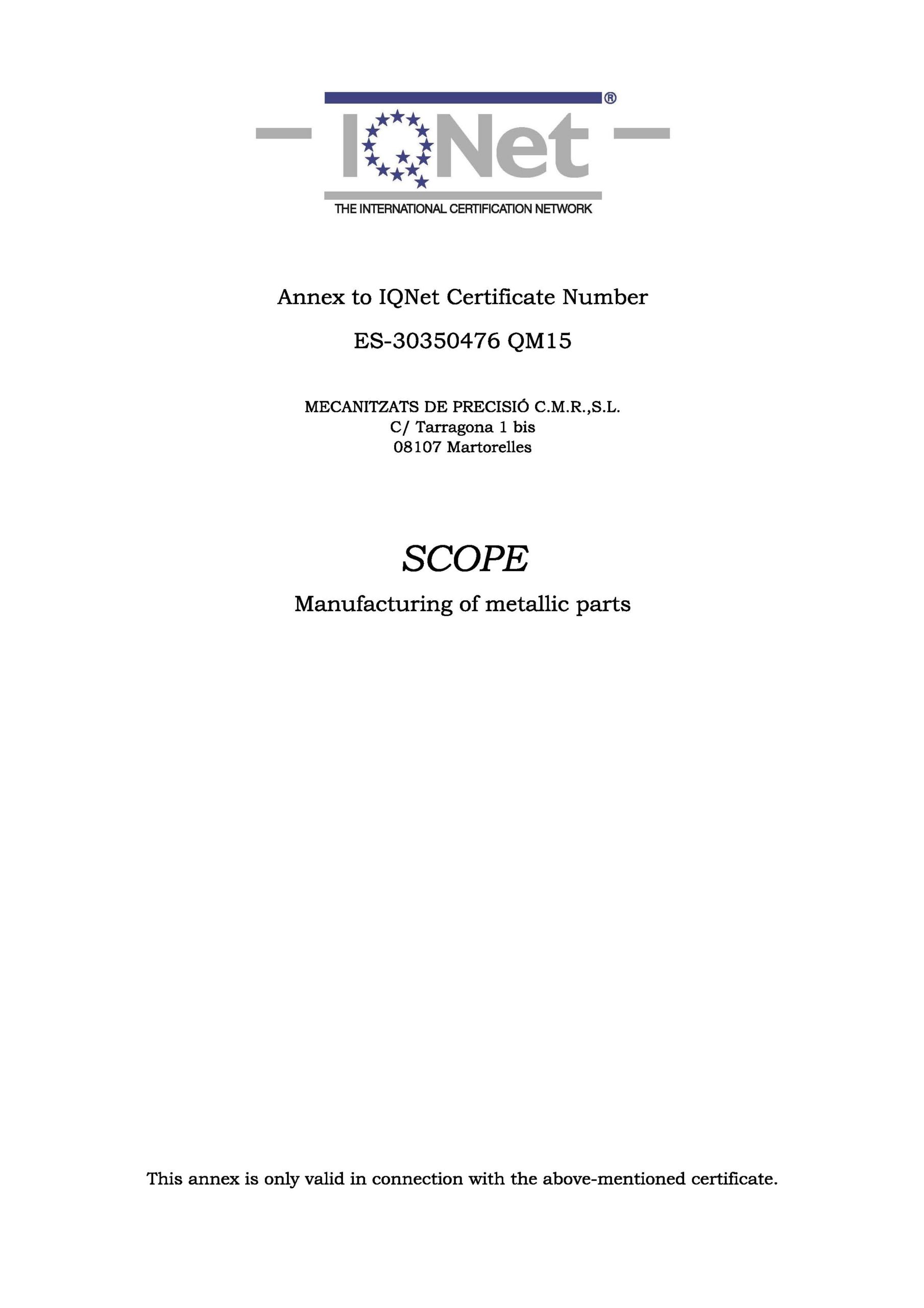 Certificado IQNET CMR 2 | Mecanizados C.M.R